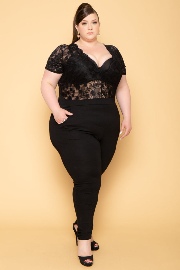 Curvy Sense Jumpsuits and Rompers Plus Size Lace Top Jumpsuit - Black