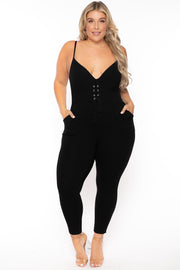 Curvy Sense Jumpsuits and Rompers 1X / Black Plus Size Liz Grommet Lace Up Jumpsuit - Black