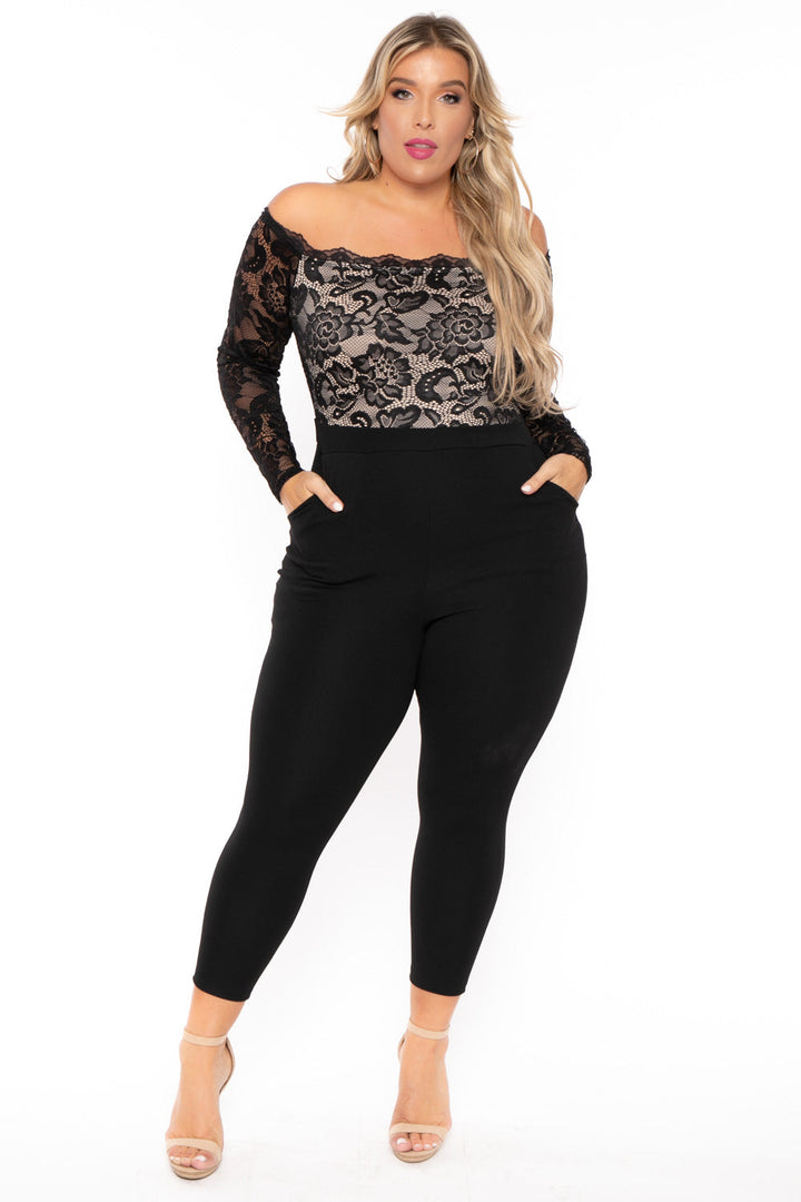 Curvy Sense Jumpsuits and Rompers 1X / Black Plus Size Minnie Lace Top Jumpsuit - Black