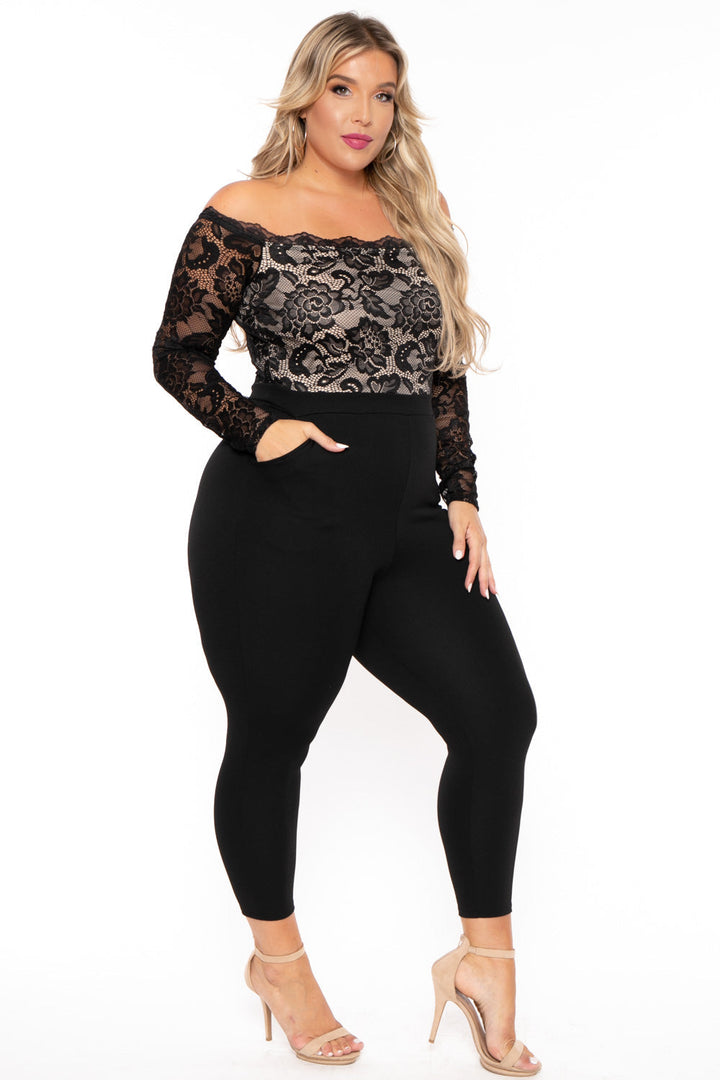 Curvy Sense Jumpsuits and Rompers Plus Size Minnie Lace Top Jumpsuit - Black