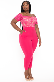 Curvy Sense Jumpsuits and Rompers Plus Size Minnie Lace Top Short Sleeve  Jumpsuit - Fuchsia