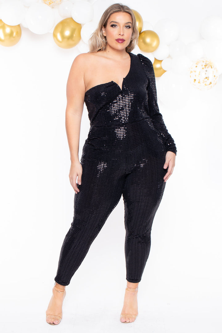 Plus Size Mireya Shimmer Jumpsuit - Black - Curvy Sense