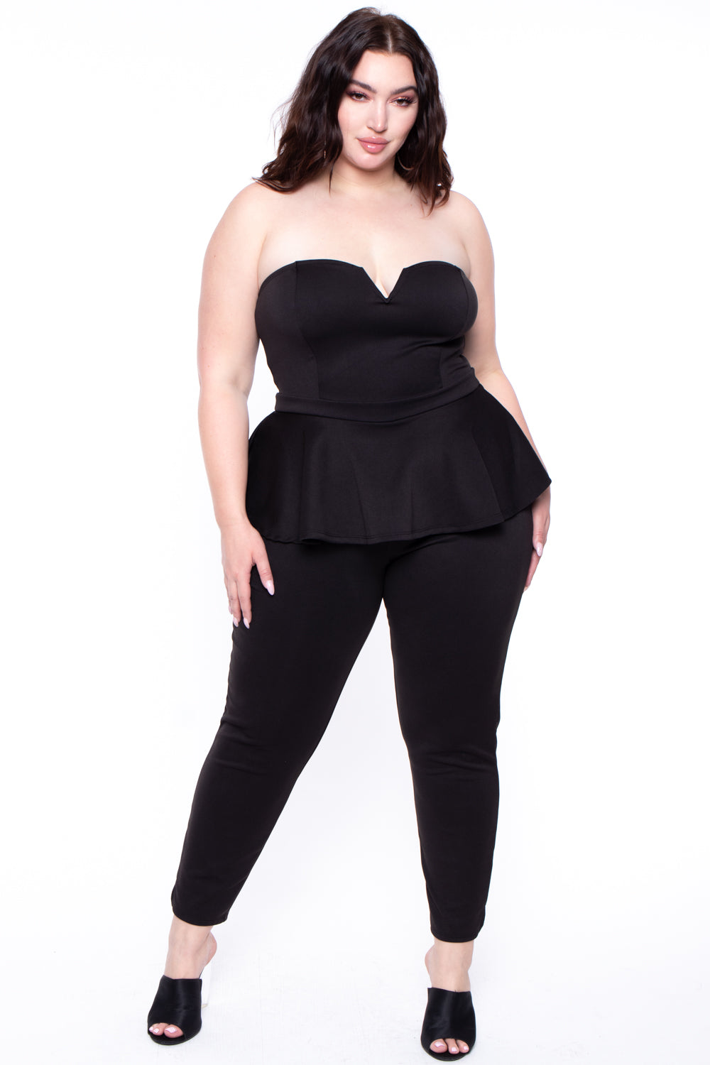 Plus Size Peplum Waist Jumpsuit - Black - Curvy Sense