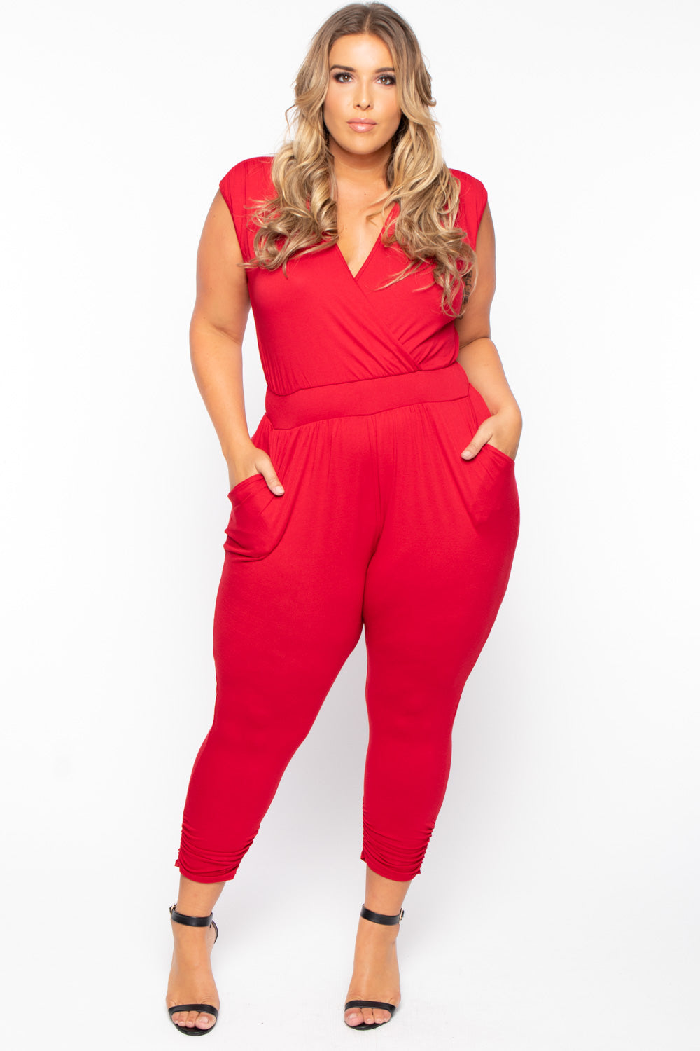 Plus Size Rosewood Cross Front Jumpsuit - Red - Curvy Sense