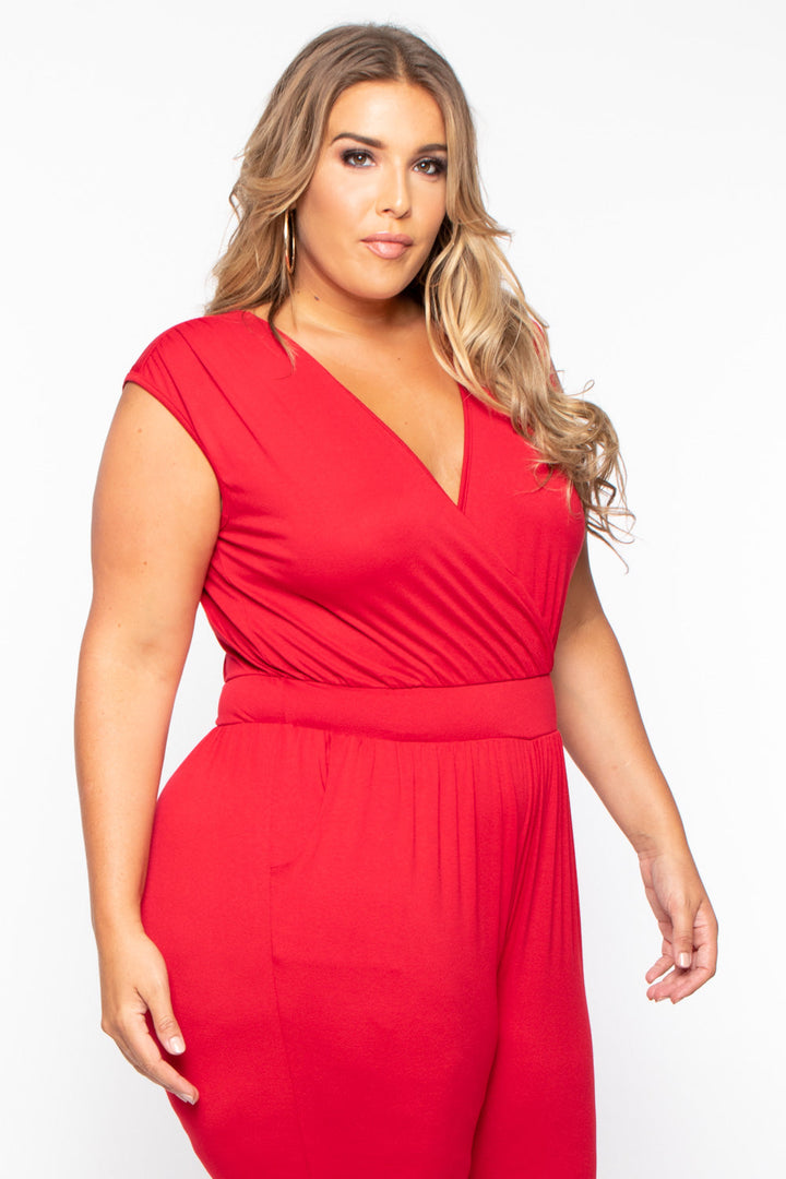 Plus Size Rosewood Cross Front Jumpsuit - Red - Curvy Sense