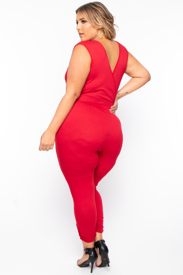 Plus Size Rosewood Cross Front Jumpsuit - Red - Curvy Sense