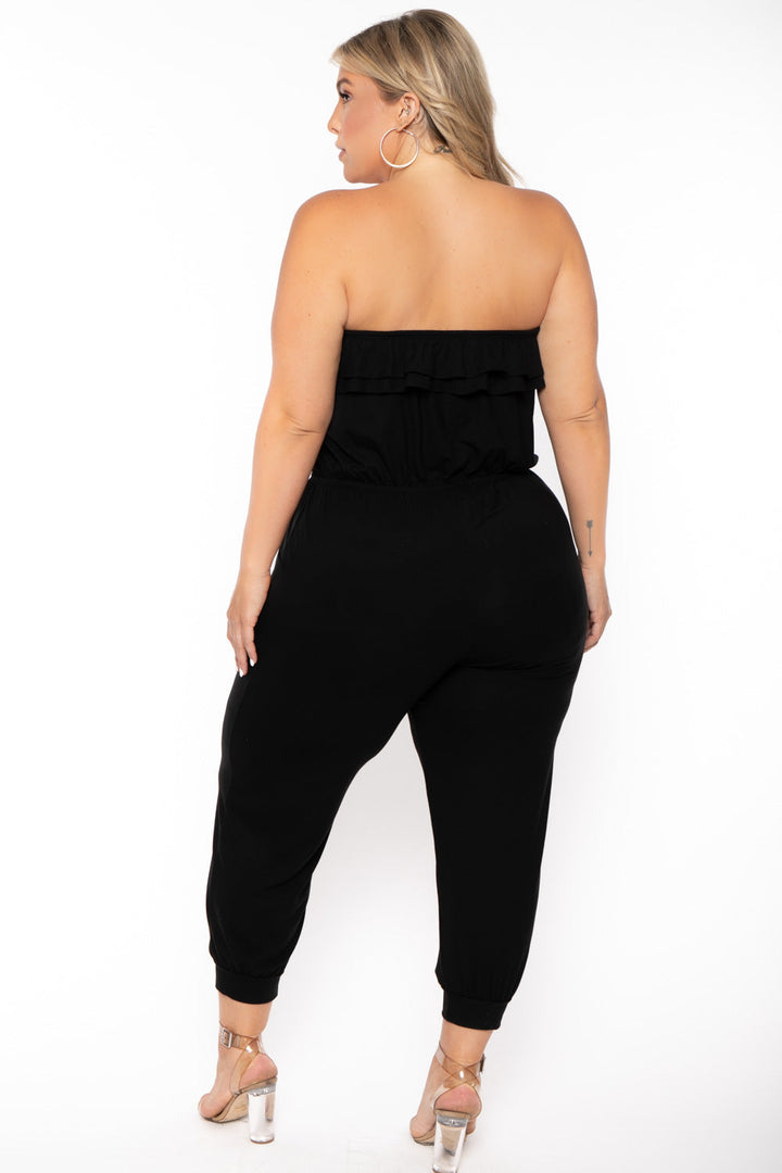 Curvy Sense Jumpsuits and Rompers Plus Size Strapless Ruffle Capri Jumpsuit - Black