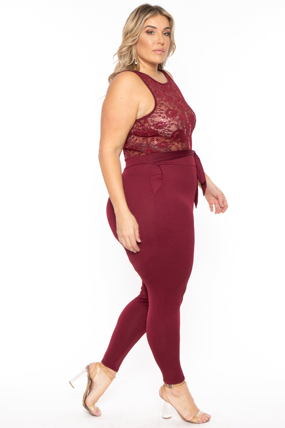 Curvy Sense Jumpsuits and Rompers Plus Size Trisha Sequin Lace Jumpsuit- Burgundy