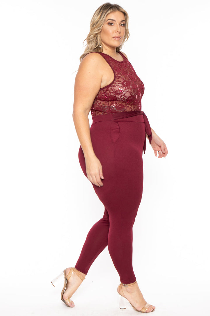 Curvy Sense Jumpsuits and Rompers Plus Size Trisha Sequin Lace Jumpsuit- Burgundy