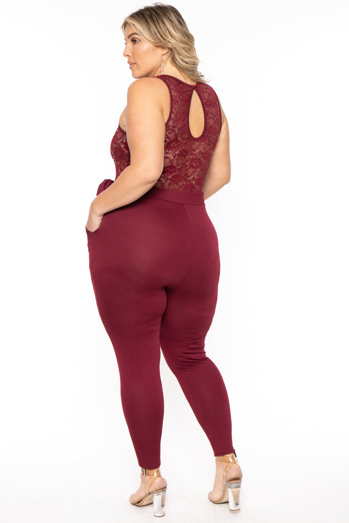 Curvy Sense Jumpsuits and Rompers Plus Size Trisha Sequin Lace Jumpsuit- Burgundy