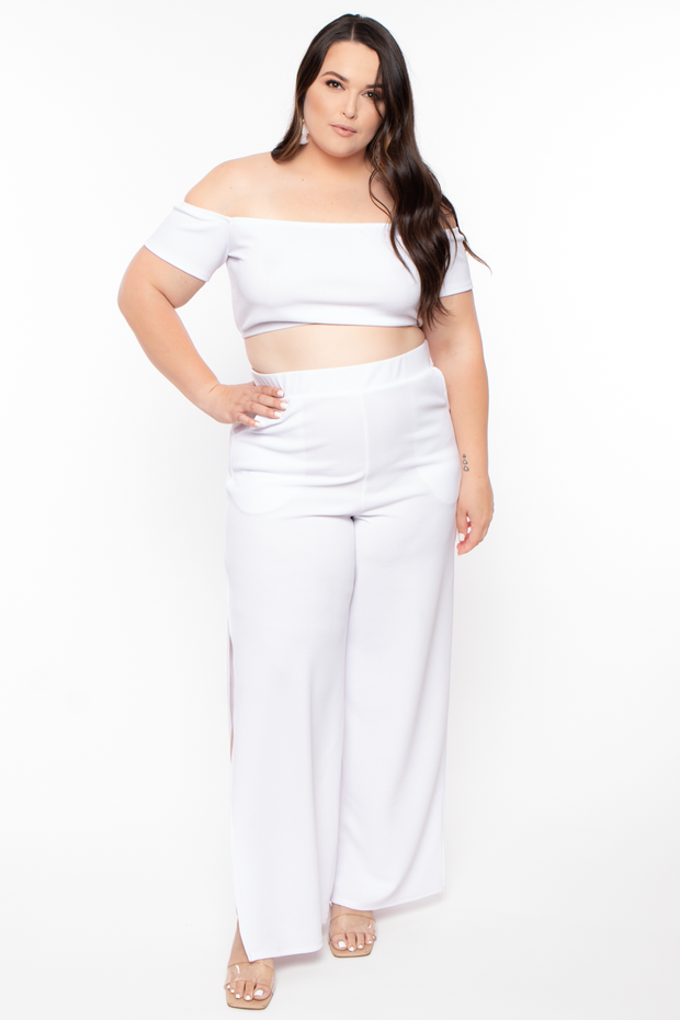 Plus Size  Andrea Crop Top And Flare Pants Set - White - Curvy Sense