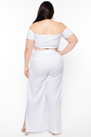 Plus Size  Andrea Crop Top And Flare Pants Set - White - Curvy Sense