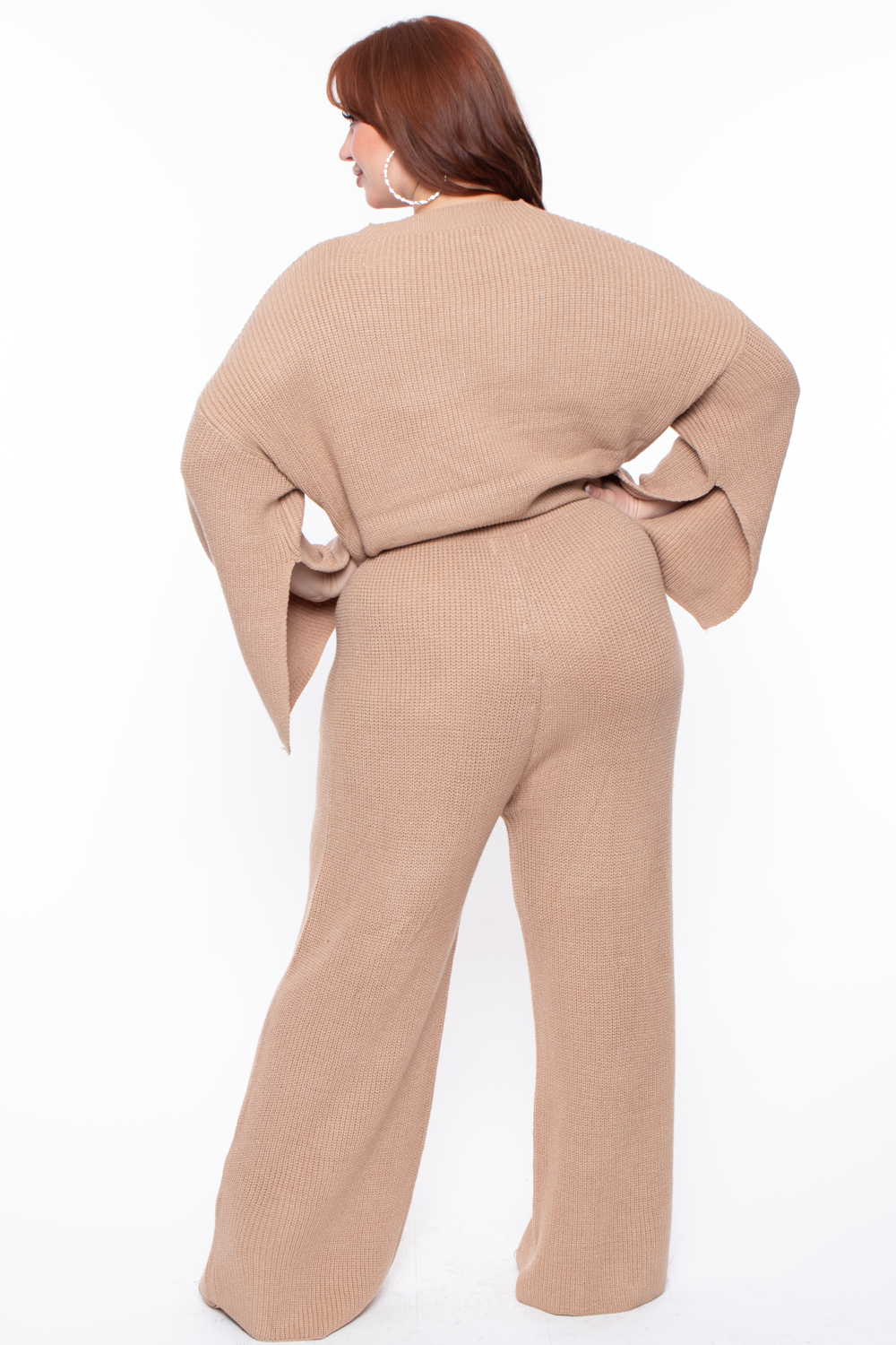 Plus Size Knit Crop Sweater And Pant Set - Mocha - Curvy Sense