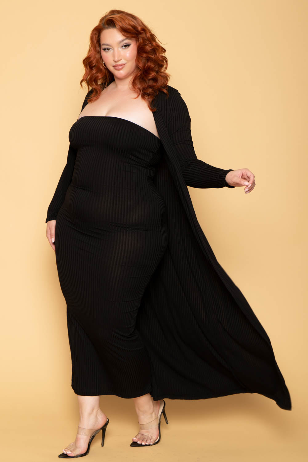 Plus Size Lizah Tube Dress and Cardigan Set - Black 1X / Black at Curvy Sense Plus Size Lizah Tube Dress and Cardigan Set - Black 1X / Black at Curvy Sense