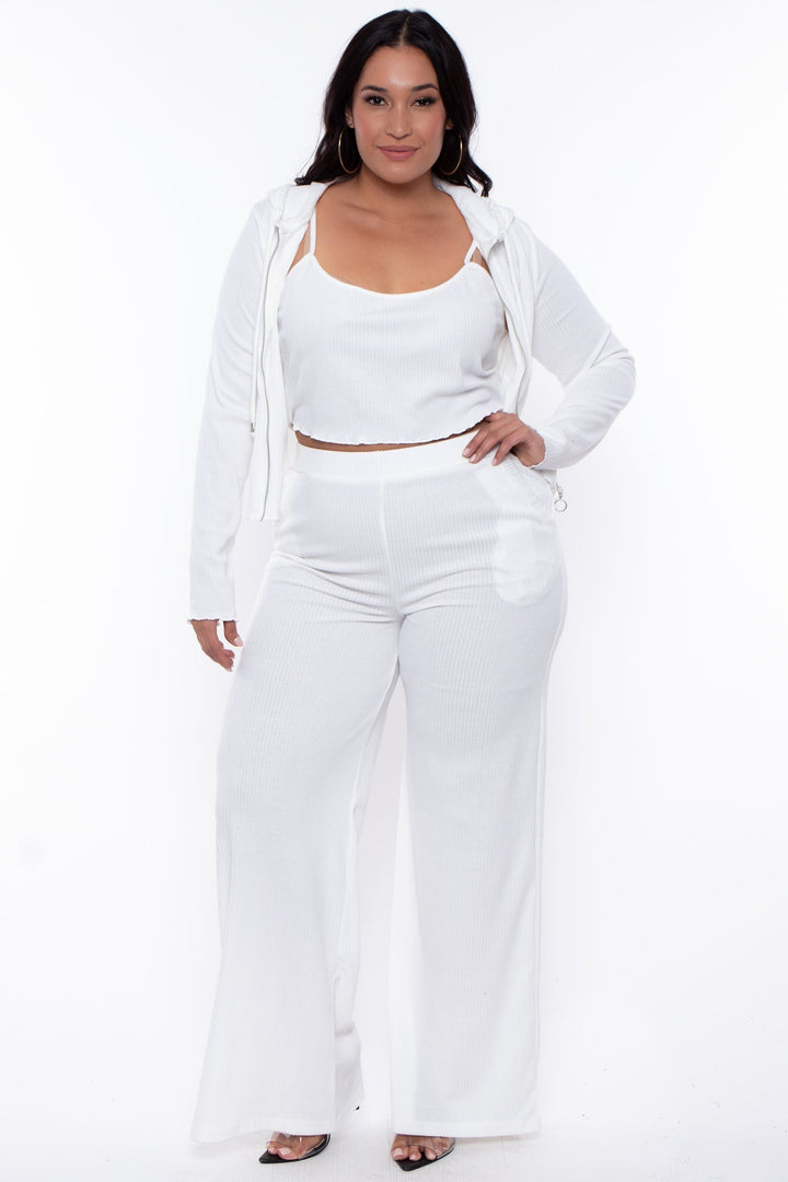 Plus Size Ribbed Hoodie Cami and Jogger Set - Ivory - Curvy Sense