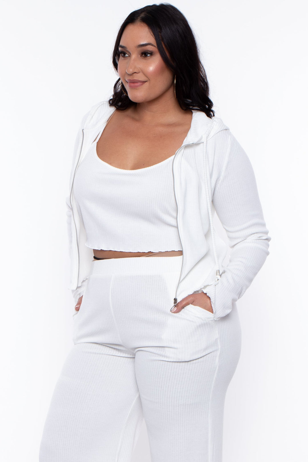 Plus Size Ribbed Hoodie Cami and Jogger Set - Ivory - Curvy Sense
