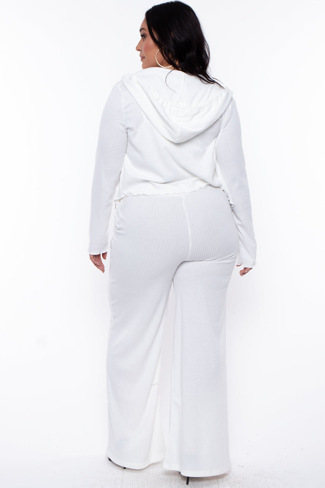 ROSEVELVET Matching Sets Plus Size Ribbed Hoodie Cami and Jogger Set - Ivory