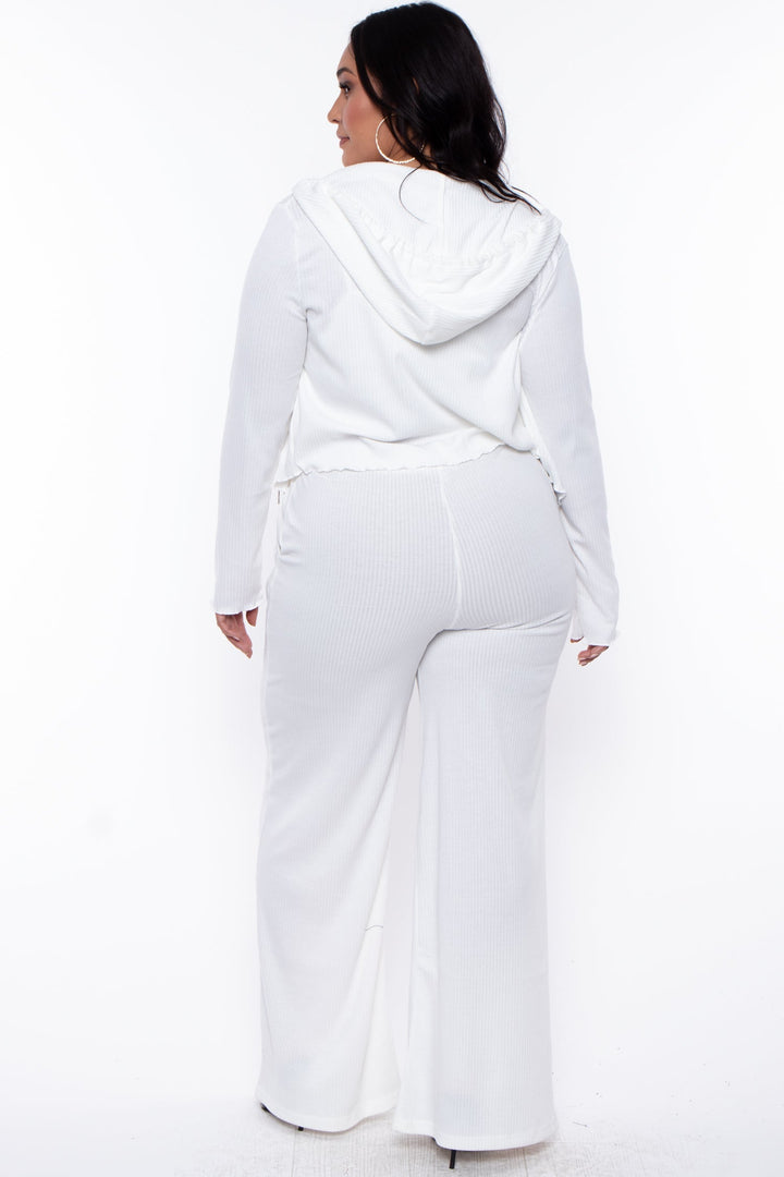 ROSEVELVET Matching Sets Plus Size Ribbed Hoodie Cami and Jogger Set - Ivory