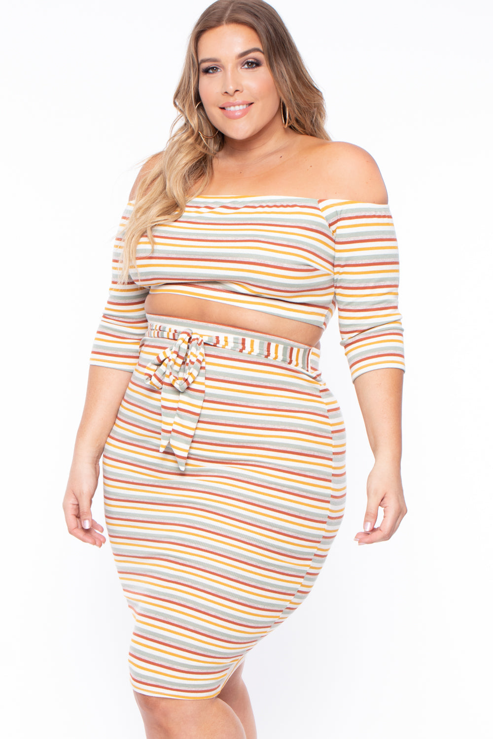 Plus Size Striped Off The Shoulder Matching Set - Cream – Curvy Sense