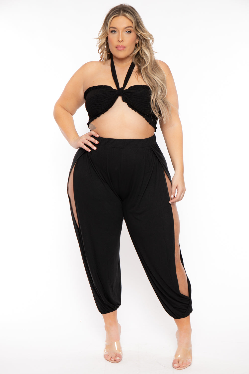 Zenana Matching Sets 1X / Black Plus Size Tie Front Top And Split Pant Set- Black