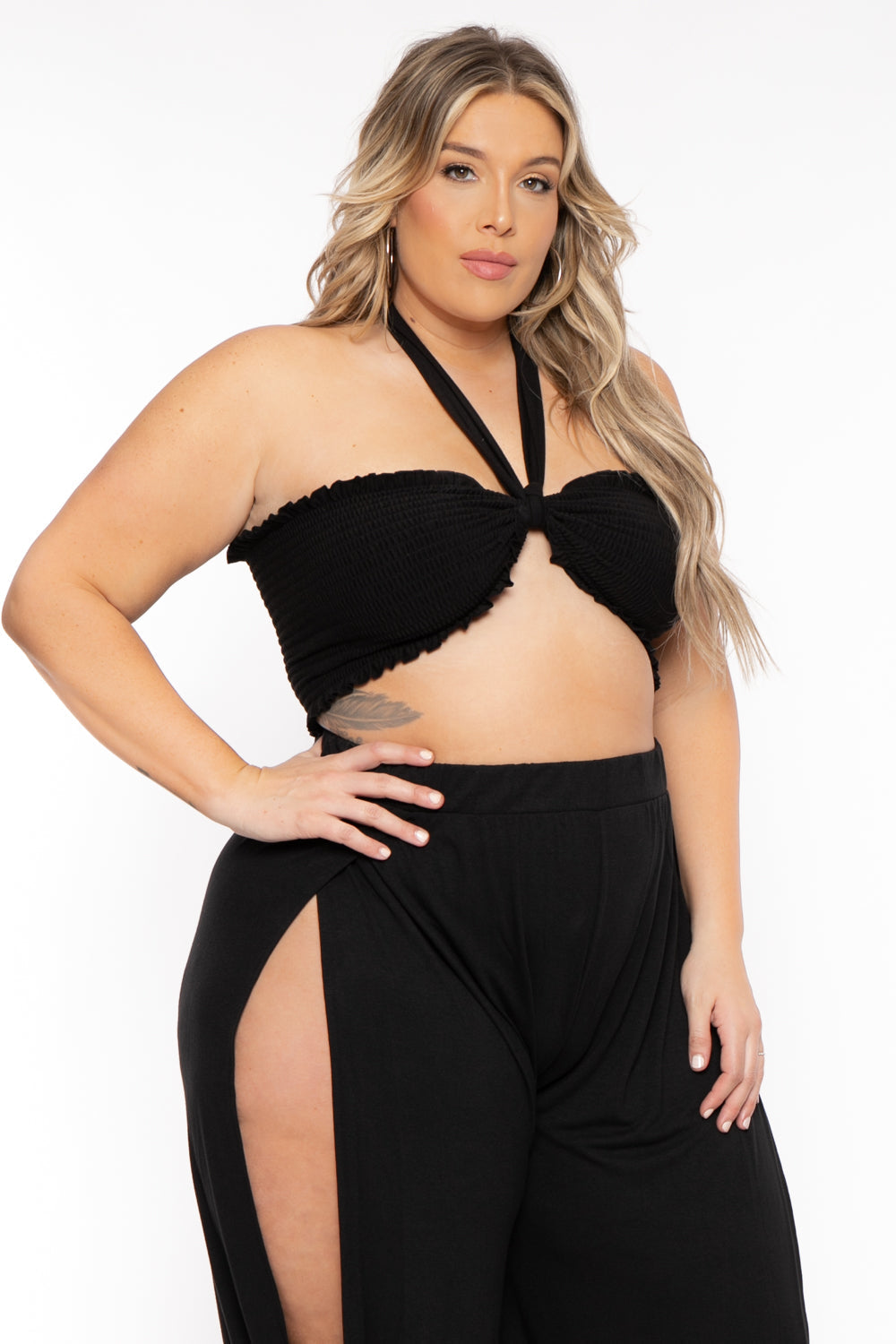 Zenana Matching Sets Plus Size Tie Front Top And Split Pant Set- Black