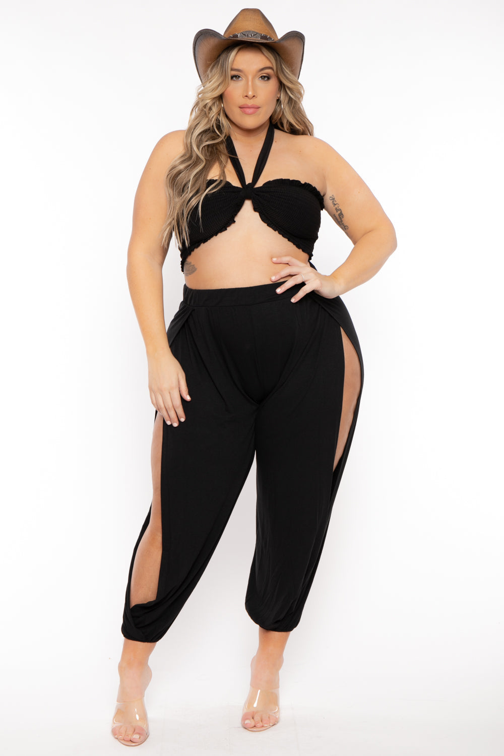 Zenana Matching Sets Plus Size Tie Front Top And Split Pant Set- Black