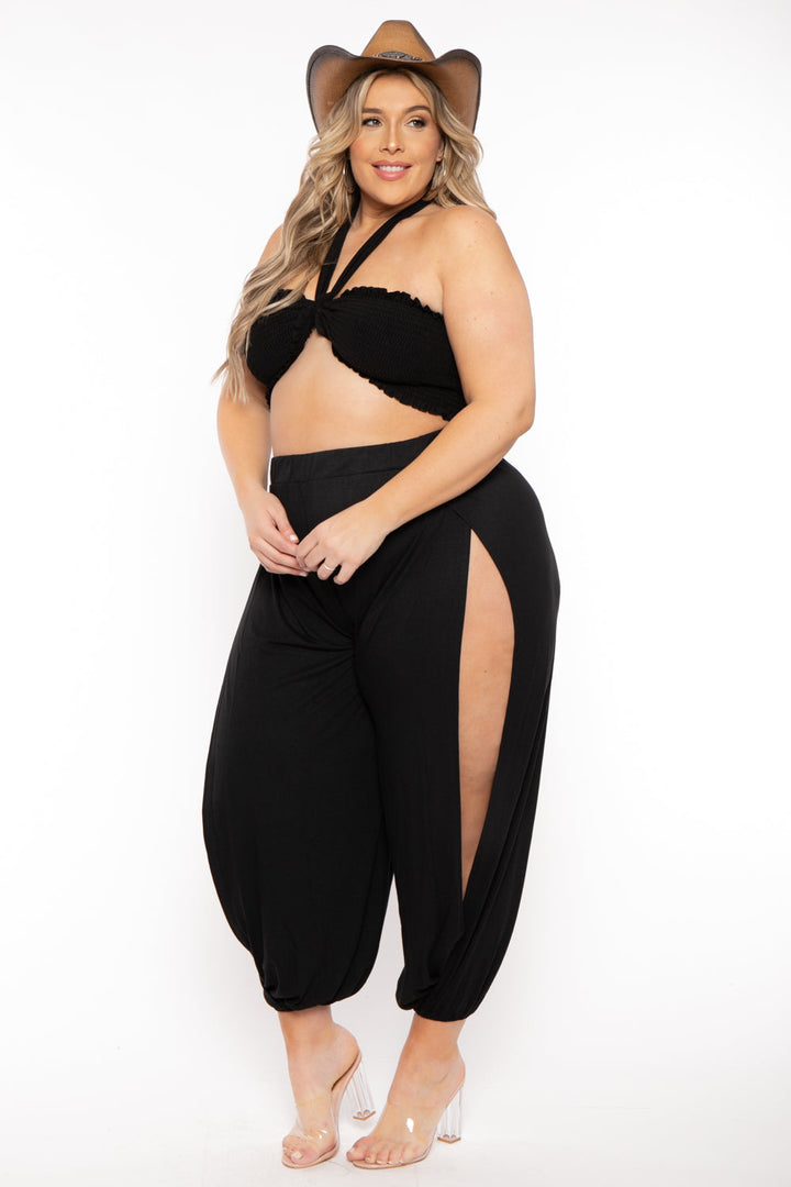 Zenana Matching Sets Plus Size Tie Front Top And Split Pant Set- Black