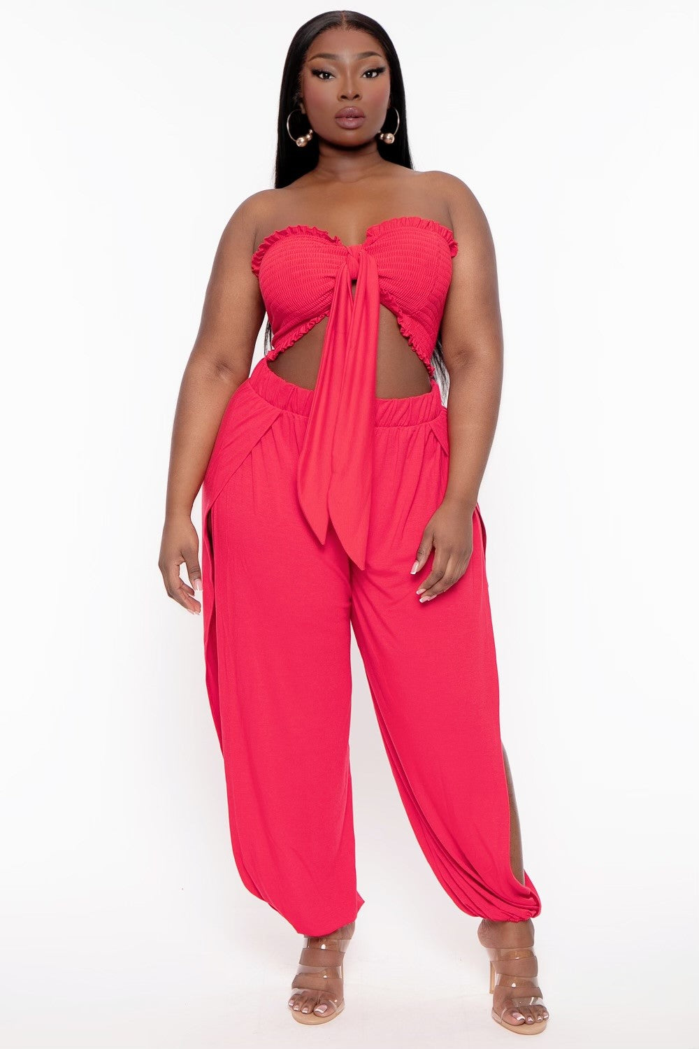 Zenana Matching Sets Plus Size Tie Front Top And Split Pant Set- Red