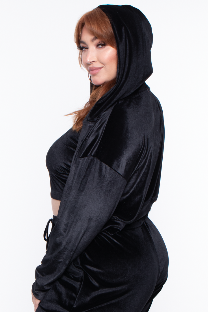 Plus Size Yvonne Velour Hoodie Jacket - Black - Curvy Sense