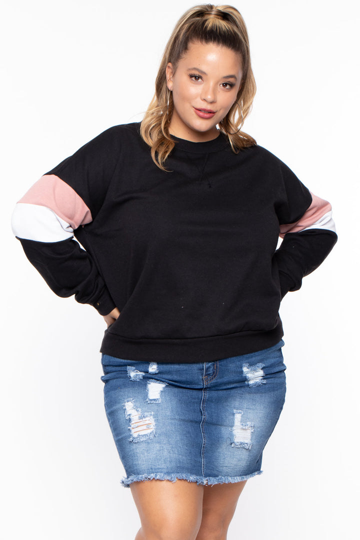 Plus Size Colorblock Sweatshirt - Black - Curvy Sense