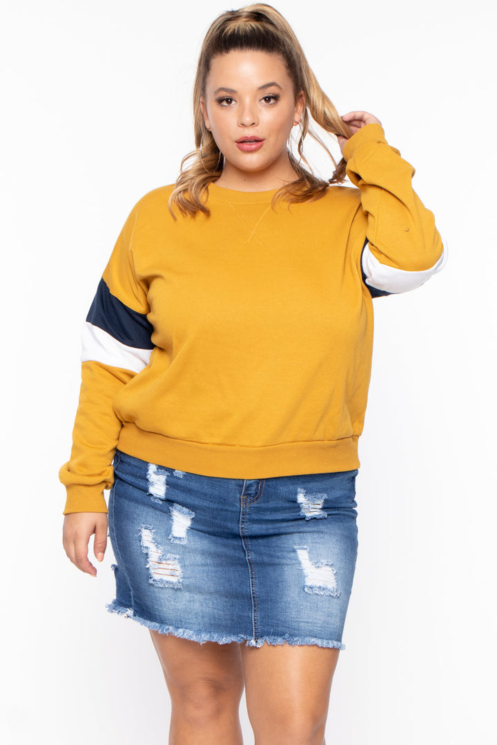 Ambiance Sweaters & Cardigans Plus Size Colorblock Sweatshirt - Mustard
