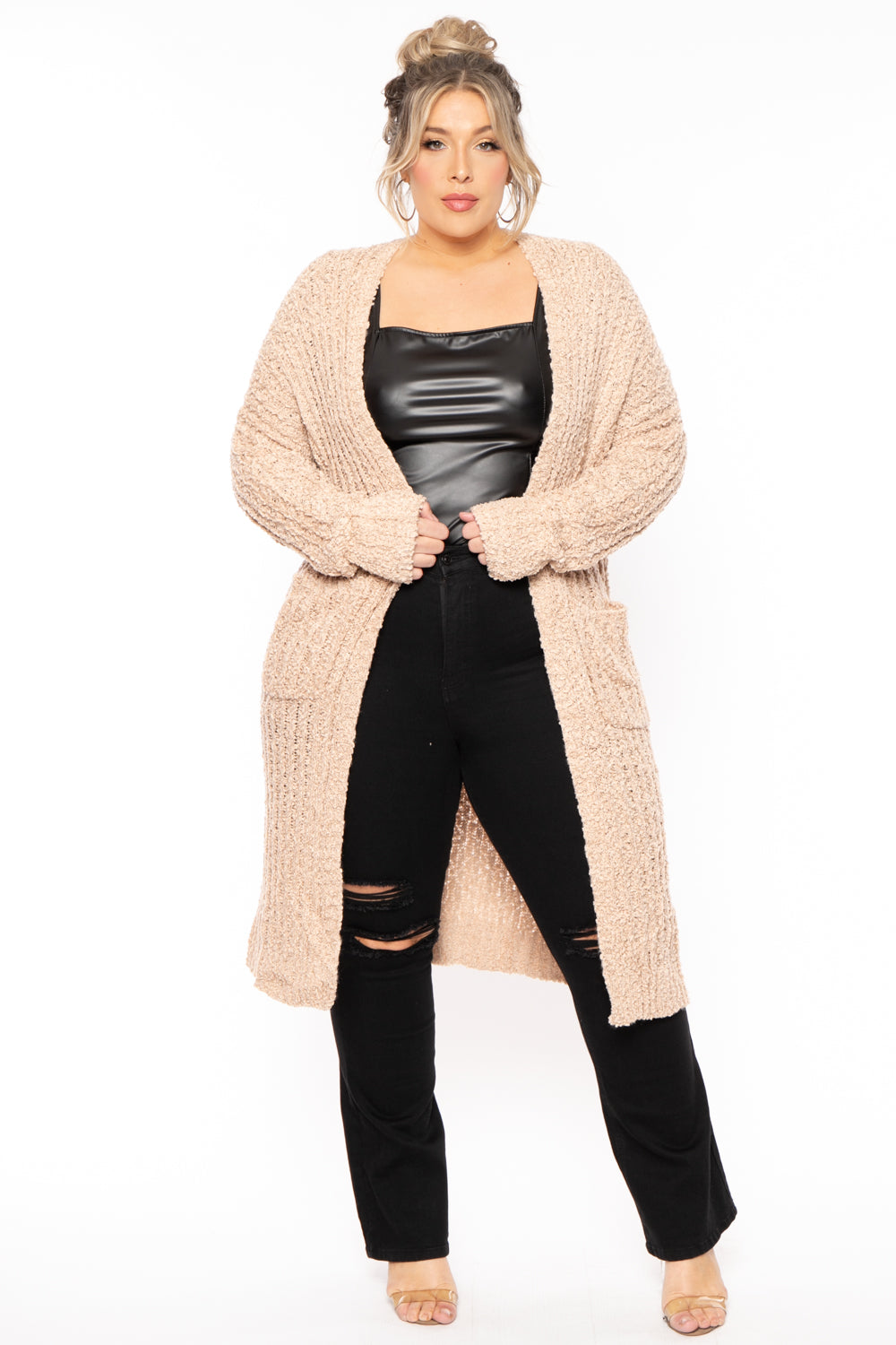 Sweet Generis Sweaters & Cardigans 1X/2X / Taupe Plus Size Cozy Popcorn Duster Cardigan -Taupe