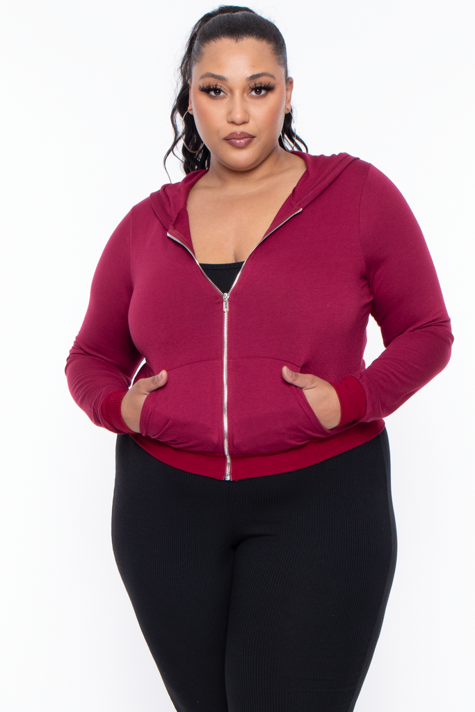 Plus Size Essential Cropped Zip Up Hoodie Burgundy