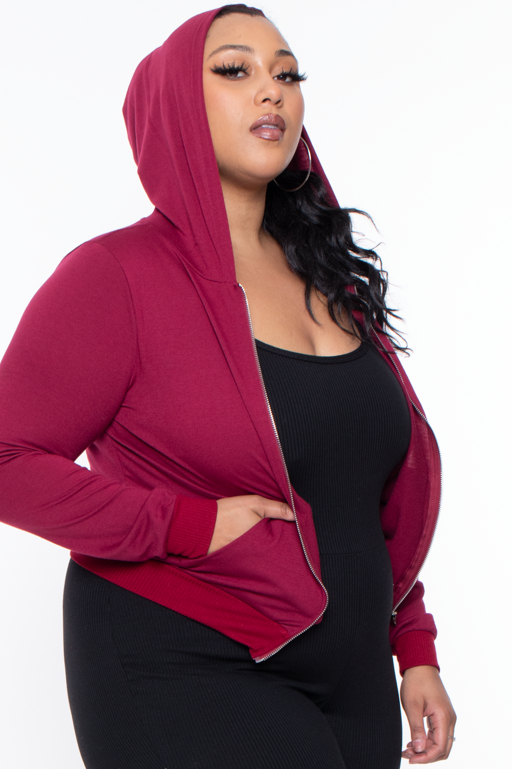 Plus Size Essential Cropped Zip Up Hoodie Burgundy