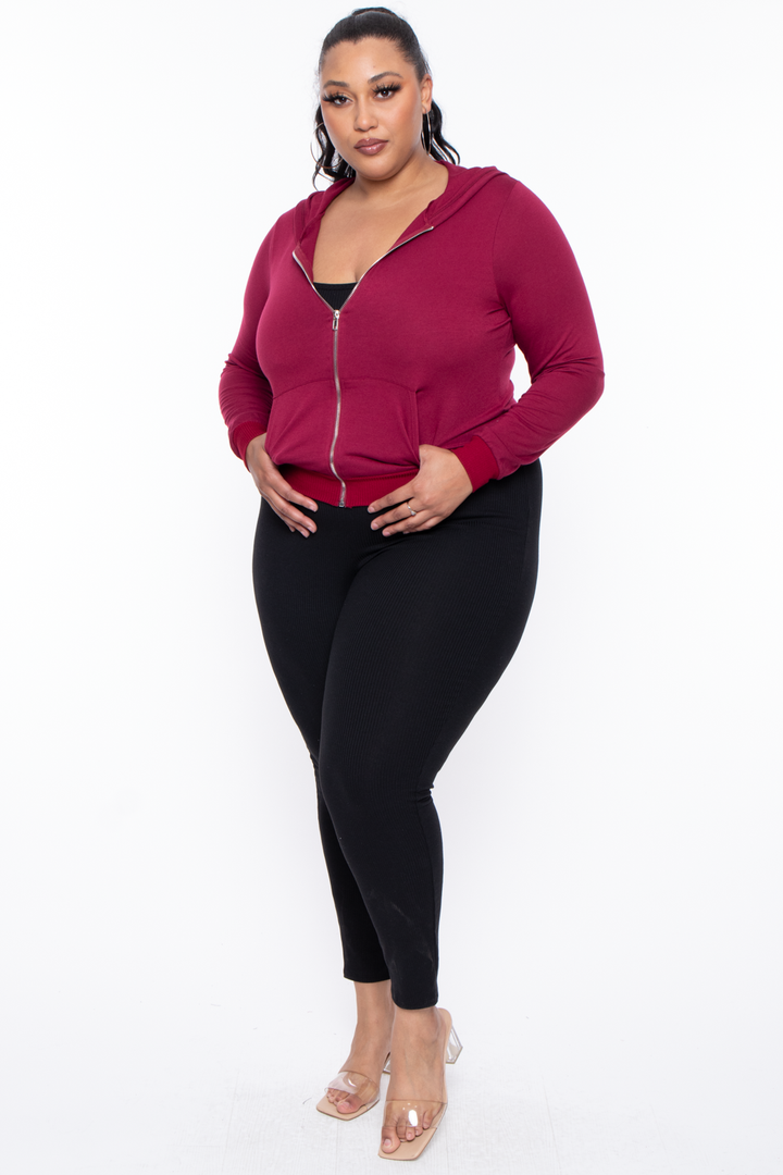 Plus Size Hope Cropped Zip-Up Hoodie - Burgundy - Curvy Sense