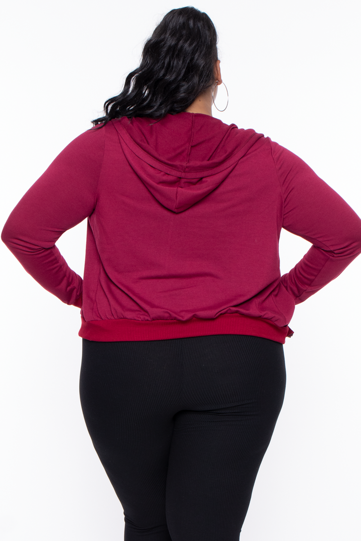 Plus Size Hope Cropped Zip-Up Hoodie - Burgundy - Curvy Sense