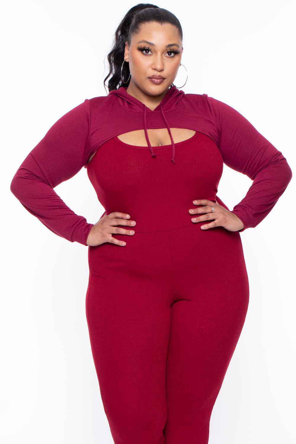 Plus Size  Nancy Cut Out Hoodie - Burgundy - Curvy Sense