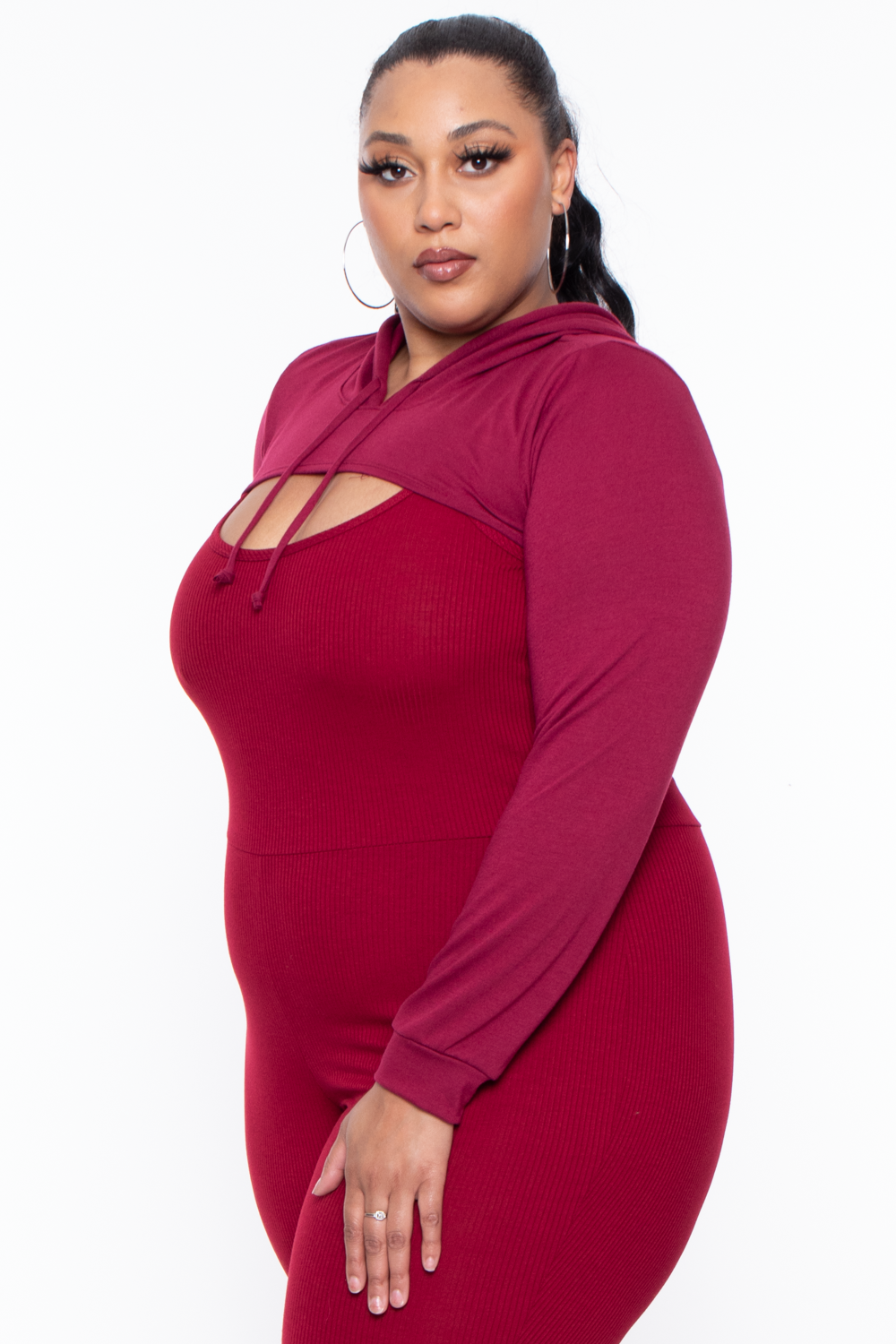 Plus Size  Nancy Cut Out Hoodie - Burgundy - Curvy Sense