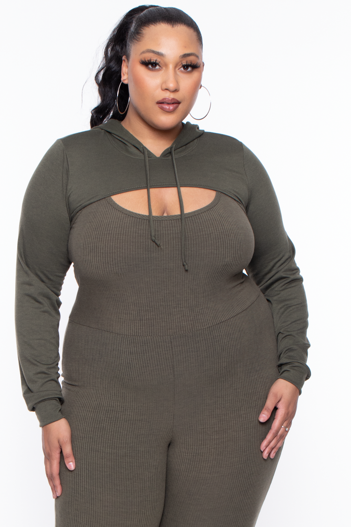 Plus Size  Nancy Cut Out Hoodie - Olive - Curvy Sense