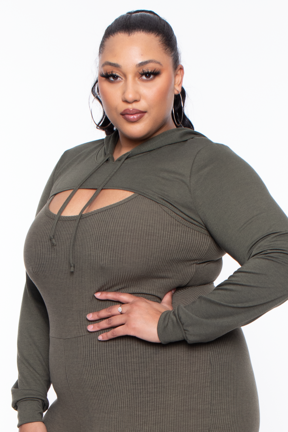 Plus Size  Nancy Cut Out Hoodie - Olive - Curvy Sense