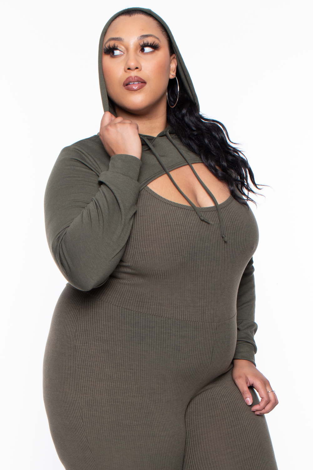 Plus Size  Nancy Cut Out Hoodie - Olive - Curvy Sense