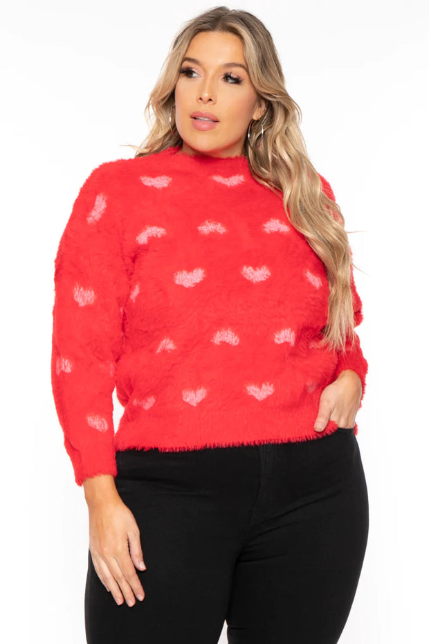Sweet Generis Sweaters & Cardigans 1X/2X / Red Plus Size Fuzzy Heart  Sweater - Red