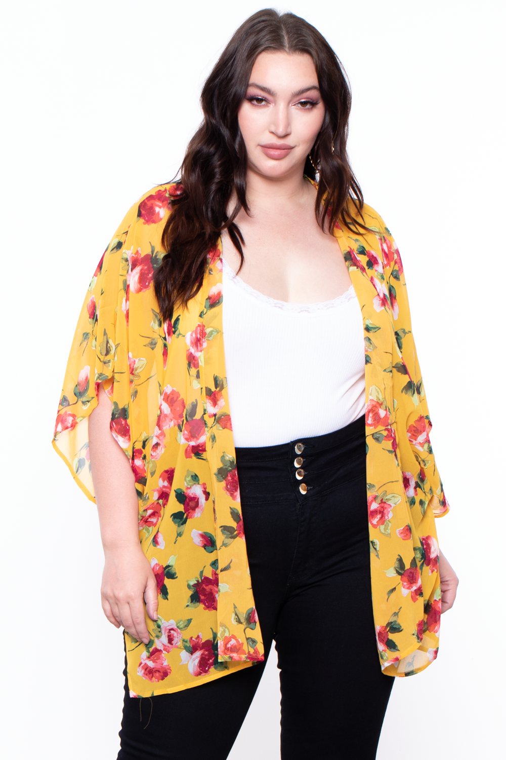 Plus Size Garden Rose Floral Kimono-Mustard - Curvy Sense