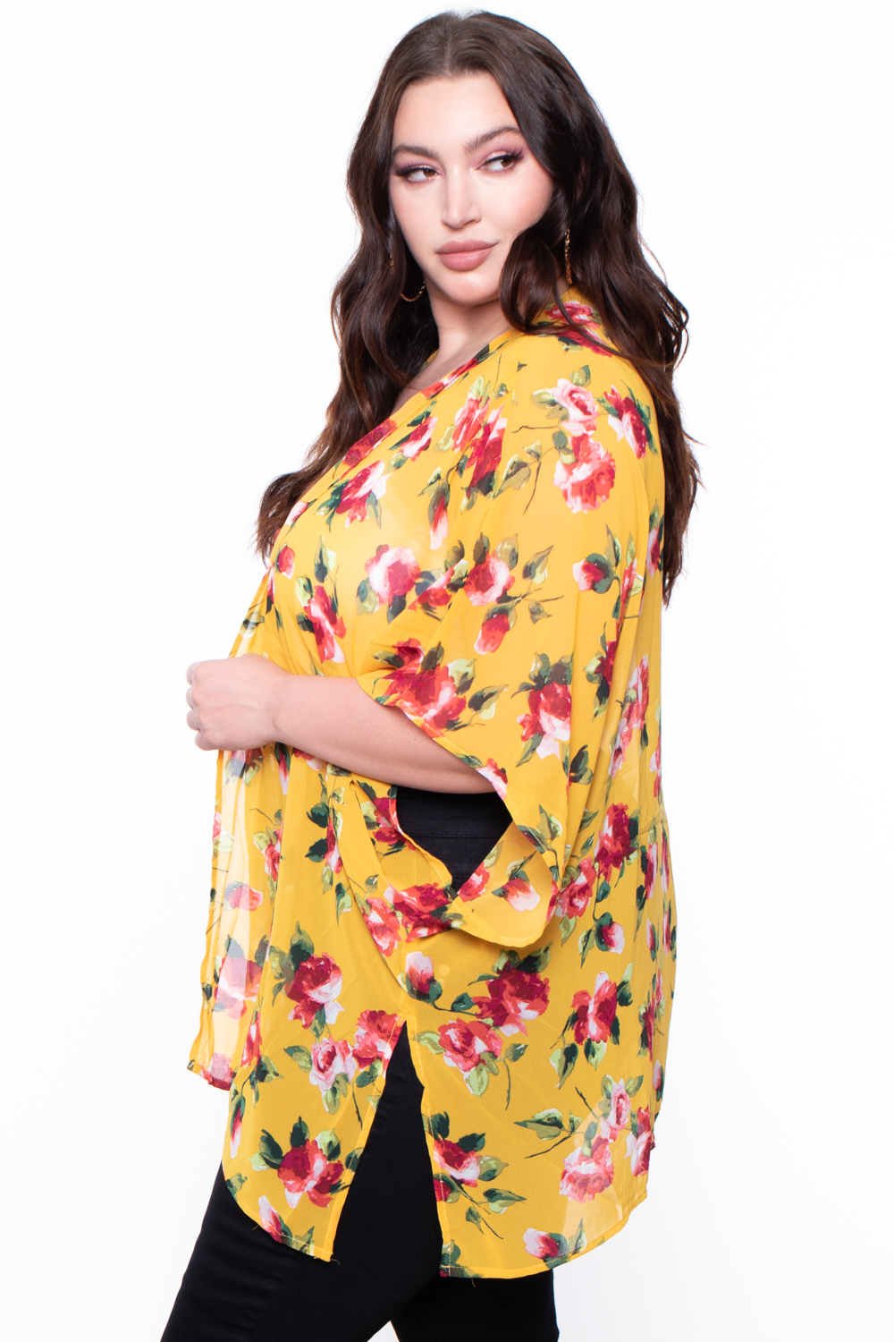 Plus Size Garden Rose Floral Kimono-Mustard - Curvy Sense