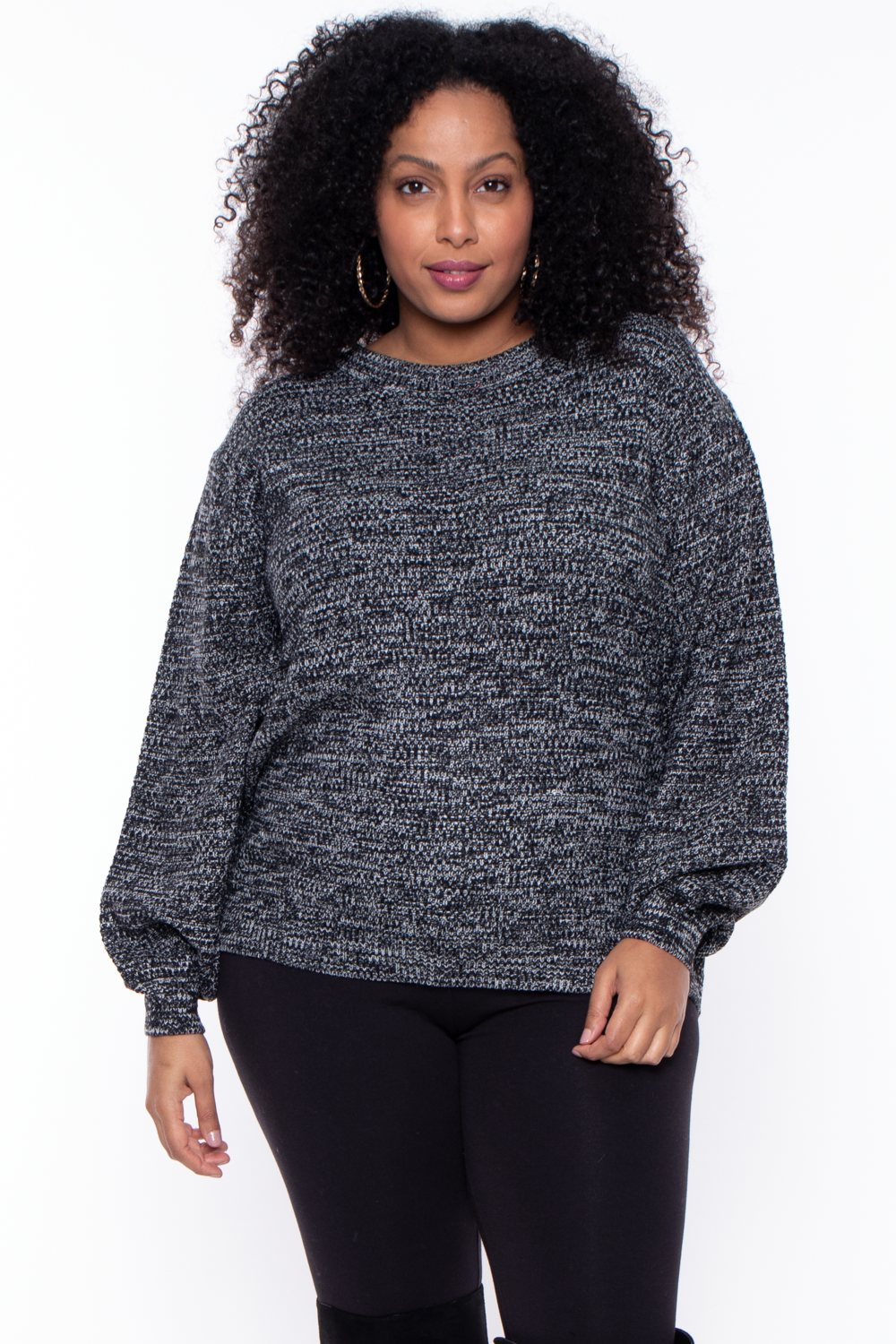 Plus Size Heathered Sweater - Black - Curvy Sense