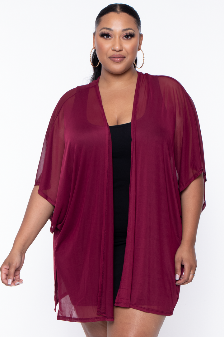 Plus Size Mesh Kimono - Burgundy - Curvy Sense