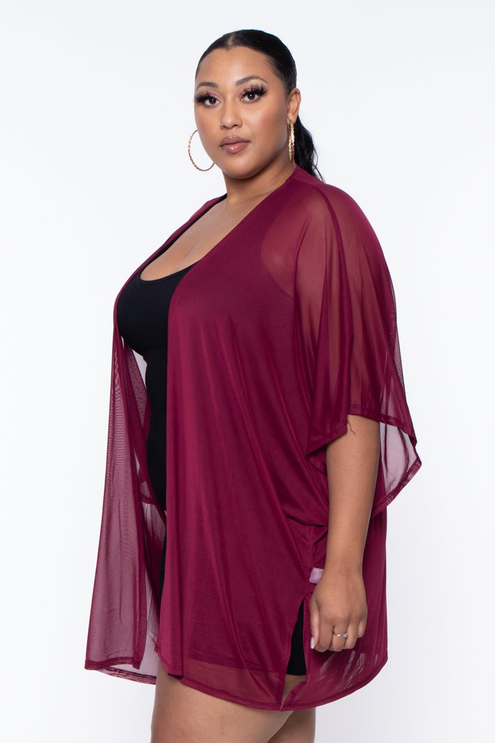 Plus Size Mesh Kimono - Burgundy - Curvy Sense