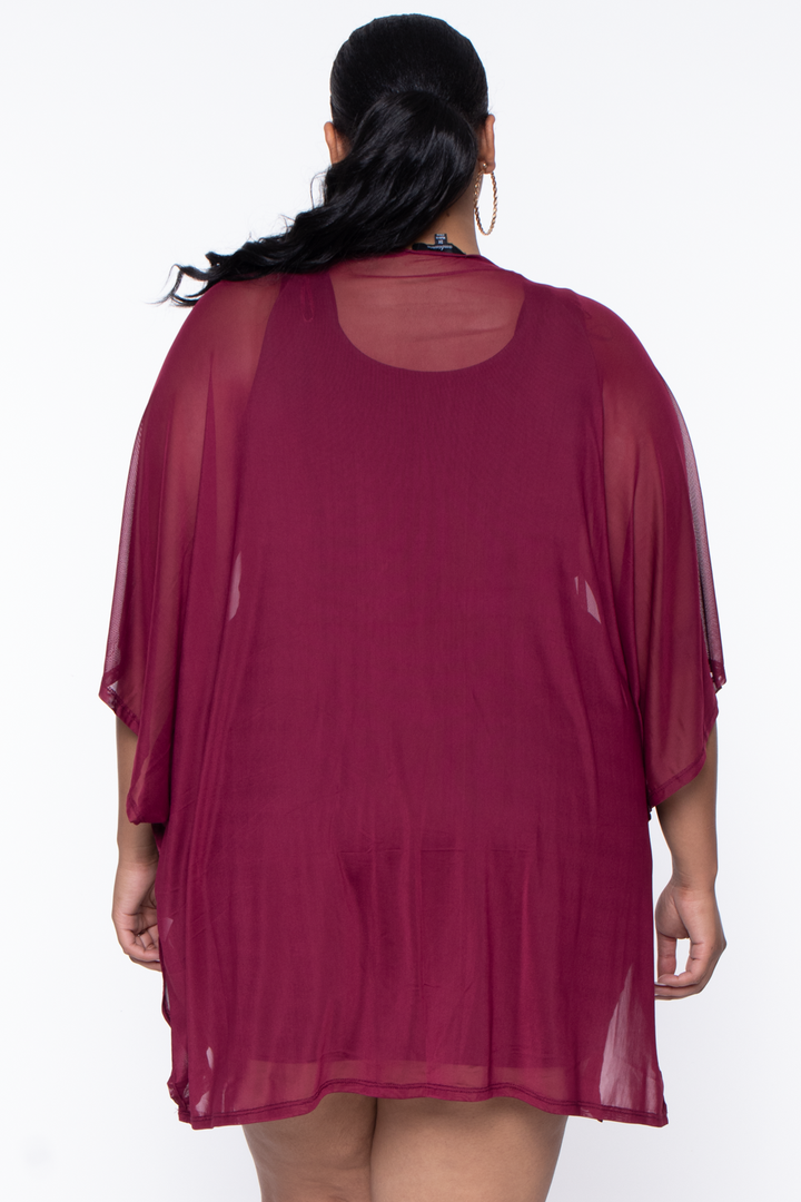 Plus Size Mesh Kimono - Burgundy - Curvy Sense