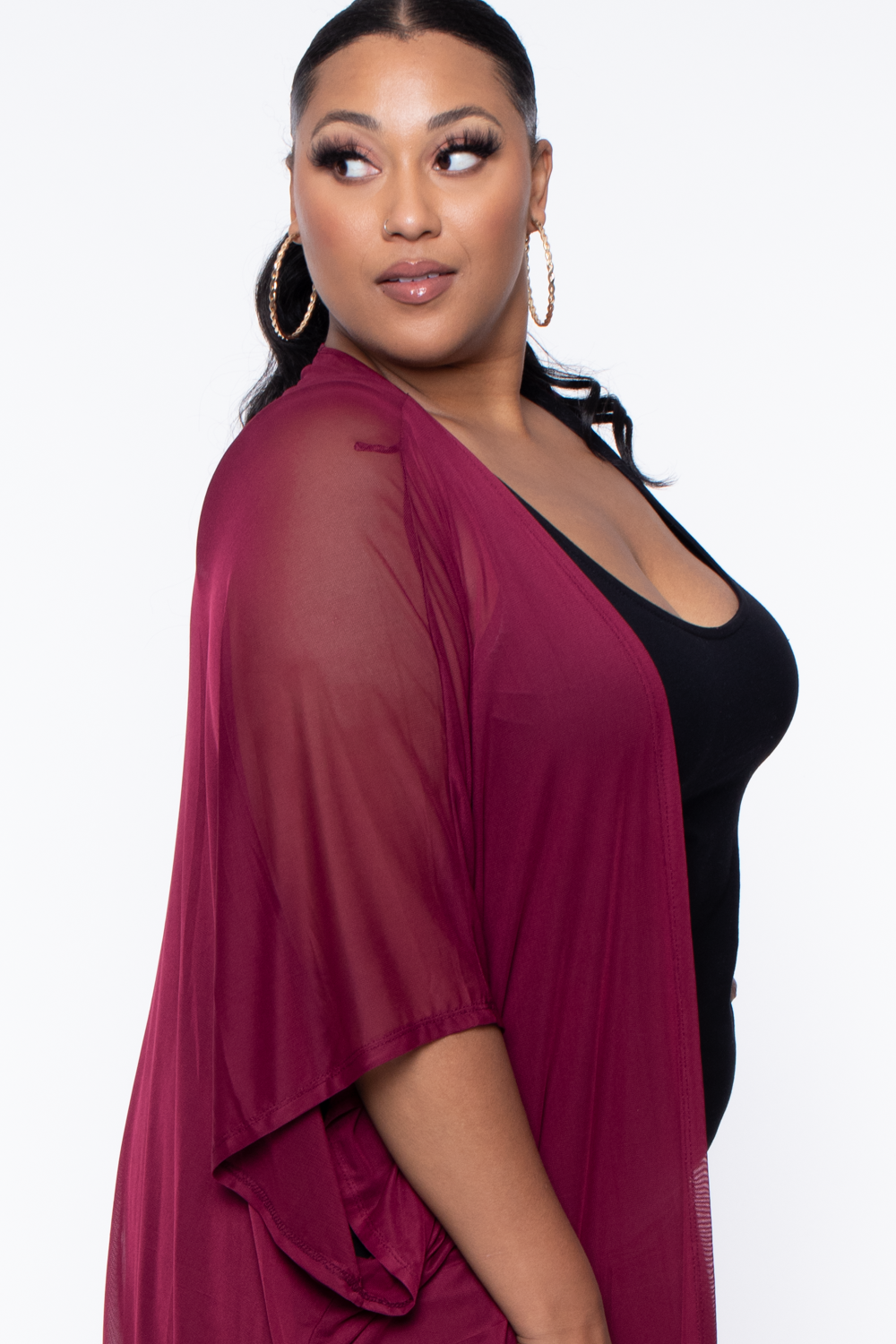 Plus Size Mesh Kimono - Burgundy - Curvy Sense