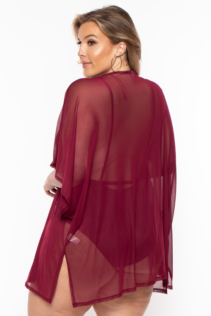 Plus Size Mesh Kimono - Burgundy - Curvy Sense